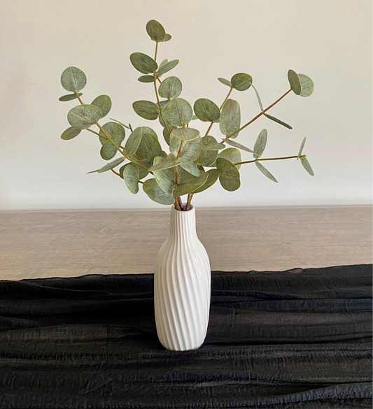 White Ceramic Vase 24cm & Real Touch Eucalyptus Stems – Modern Home Decor Display or Centrepiece