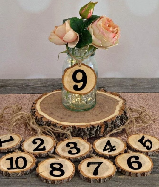 Rustic Round Hanging Table Numbers 1-10 – Perfect for Weddings, Tablescapes & Event Decor