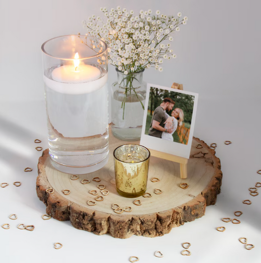 Rustic Table Centrepiece Set – Wood Slice, Hurricane Candle, Vase, Tealight, Sign Holder & Heart Confetti