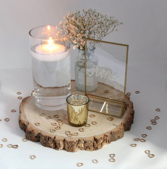 Rustic Table Centrepiece Set – Wood Slice, Hurricane Candle, Vase, Tealight, Gold Frame & Heart Confetti