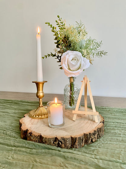 Rustic Table Centrepiece Set – Wood Slice, Bud Vase, Gold Candlestick, Clear Votive, Table Sign & Artificial Rose Bouquet