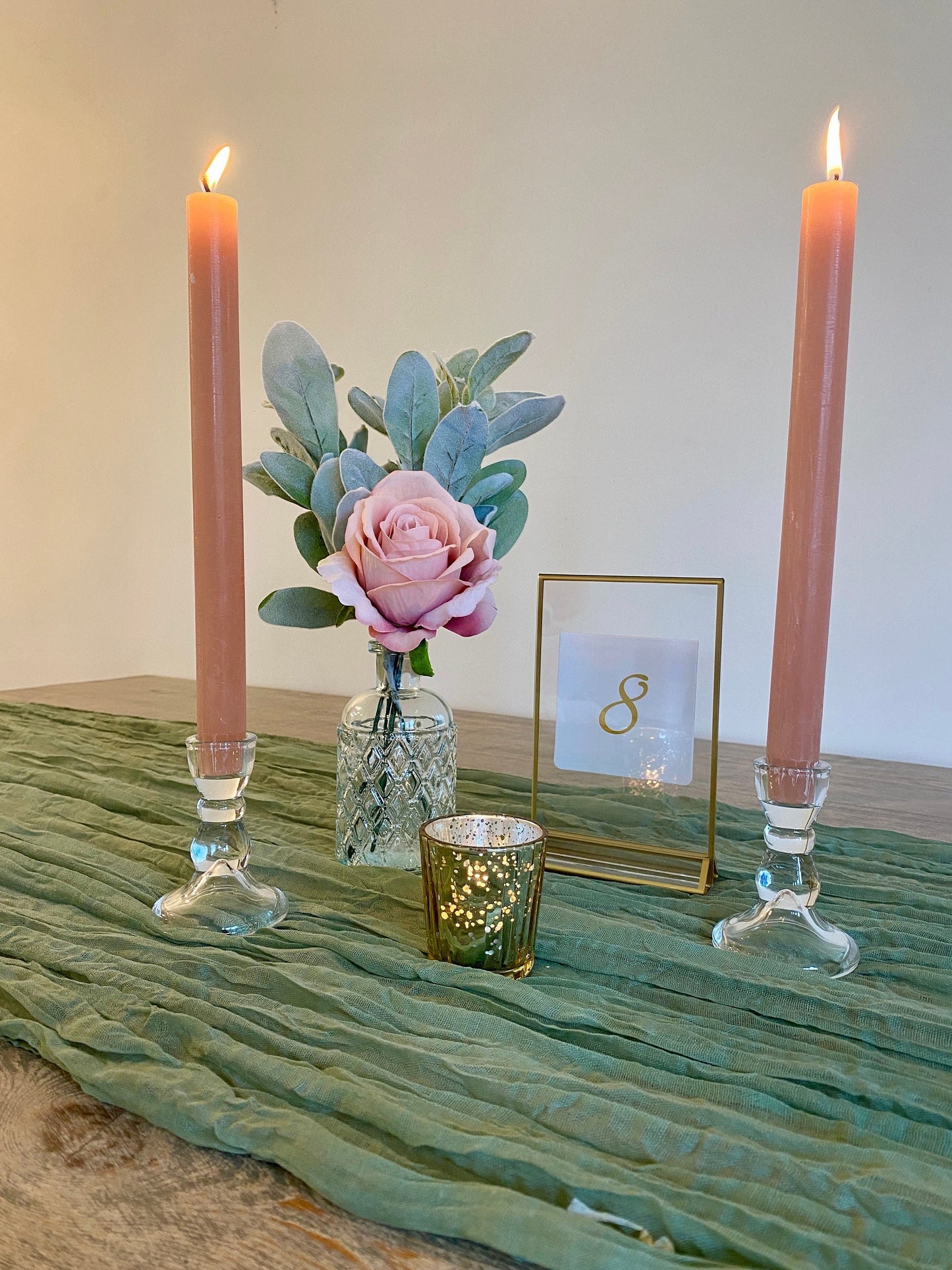 Sage Green, Blush & Gold Table Centrepiece Set – Includes Vase, Flowers, Gold Frame, Candles & More