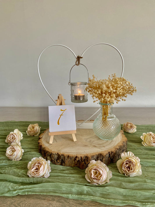 Complete Rustic Table Centrepiece Set - Wooden Log Slice, Heart Stand, Bud Vase, Easel, Hanging Tealight Holder