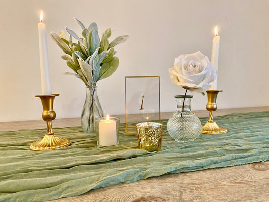 Sage Green, White & Gold Table Centrepiece Set – Includes Vase, Flowers, Gold Frame, Candles & More