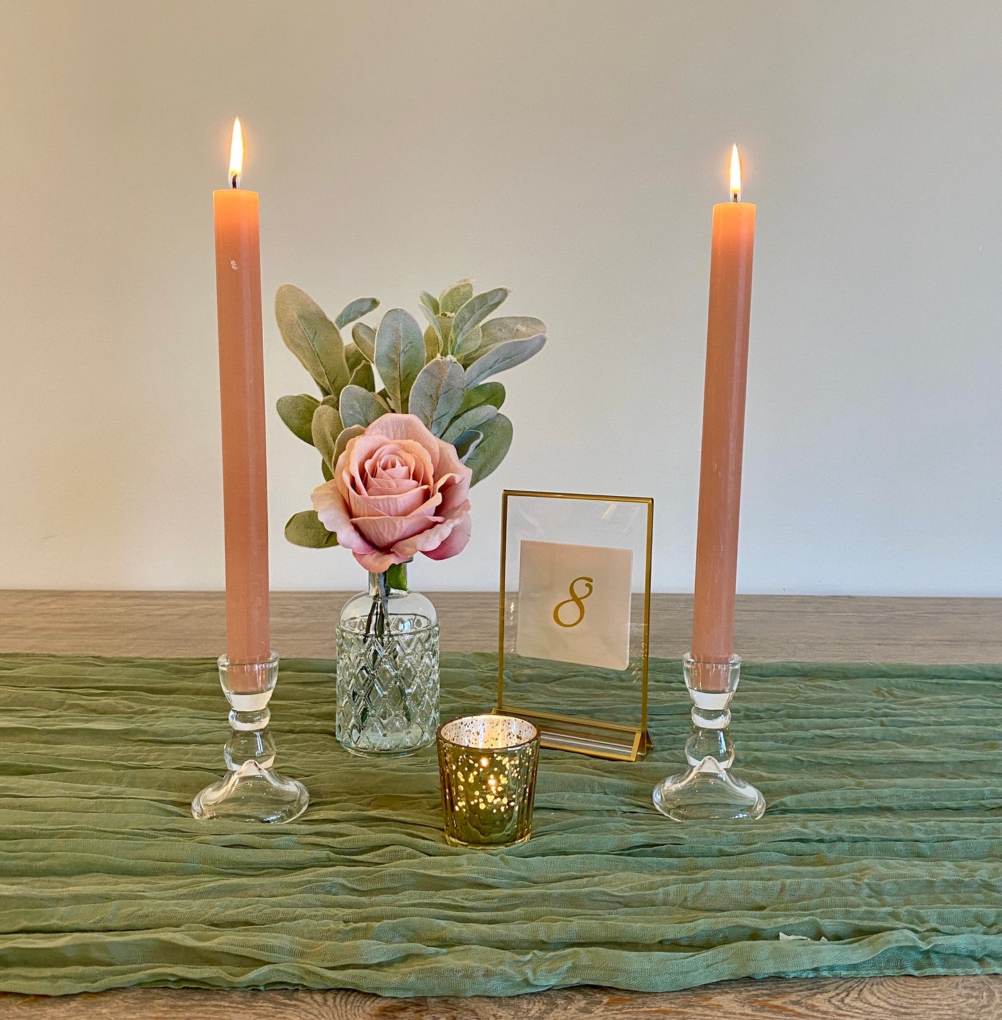 Sage Green, Blush & Gold Table Centrepiece Set – Includes Vase, Flowers, Gold Frame, Candles & More