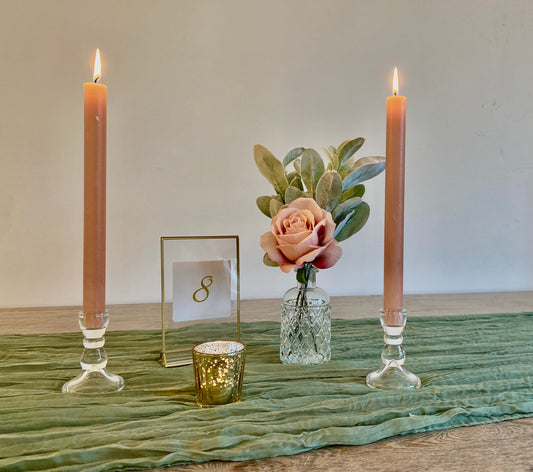 Sage Green, Blush & Gold Table Centrepiece Set – Includes Vase, Flowers, Gold Frame, Candles & More