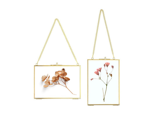 Set of 2 Gold Glass Hanging Frames 4 x 6 - Decorative Photo Display - Floating Gold Frame for Wall Decor, Wedding Decor, Pressed Flowers