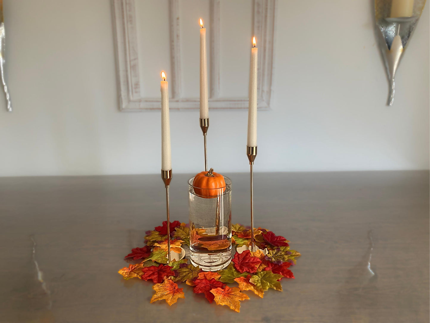 Autumn Table Centrepiece - Gold Candlestick Set with Candles, Floating Pumpkin, Glass Vase