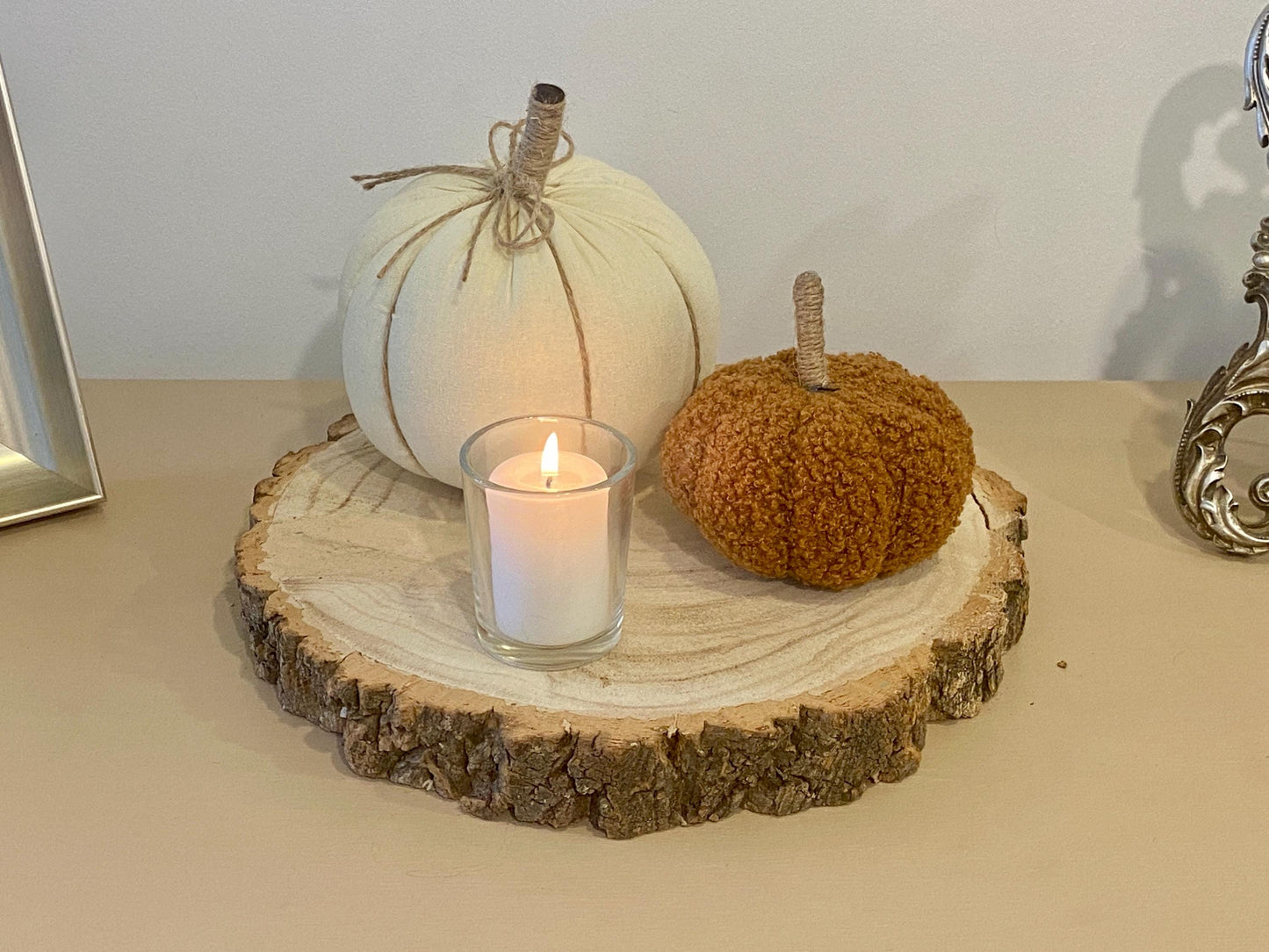 Autumn Pumpkin Table Centrepiece - Round Log Slice, Fabric Pumpkins, Glass Votive Candle Holder