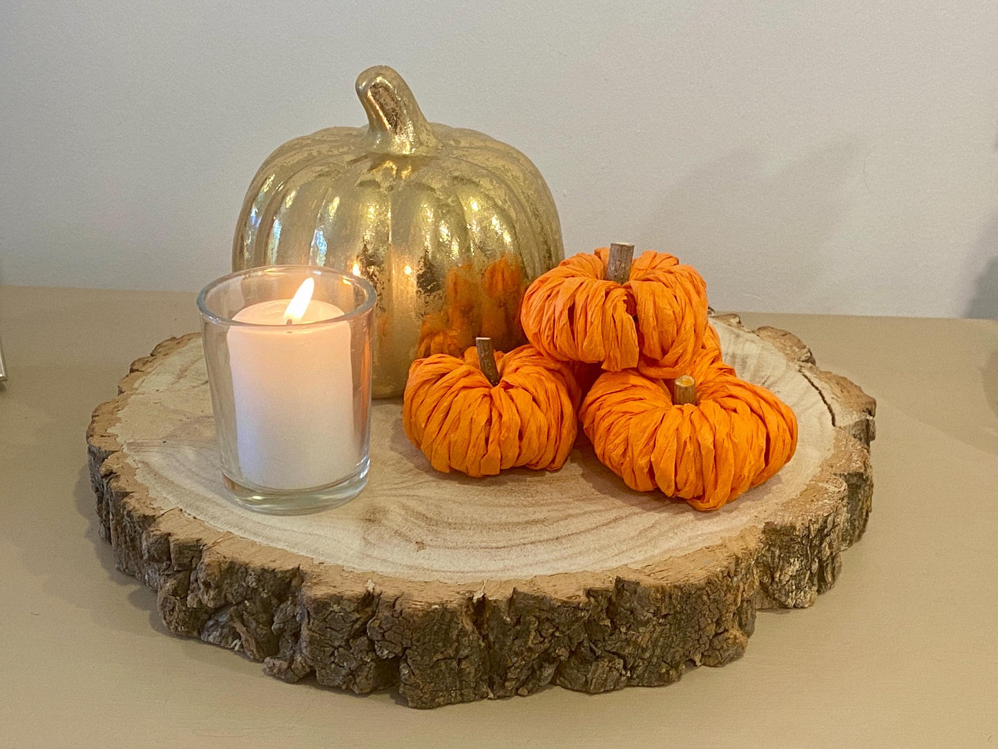 Autumn Pumpkin Table Centrepiece - Round Log Slice, Gold Pumpkin, Rattan Pumpkins, Votive Candle