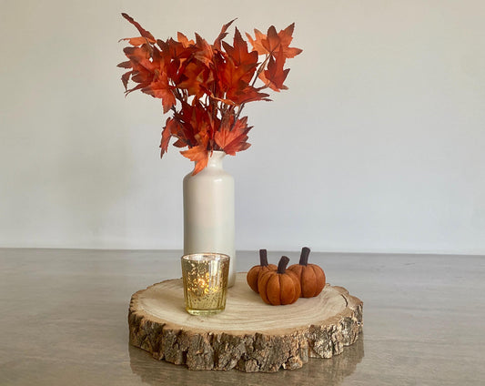 Autumn Table Centrepiece - Round Log Slice, Artificial Maple Leave Stems, Ceramic Vase, Votive Candle, Mini Pumpkins