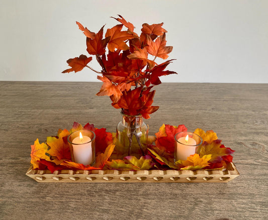 Autumn Coffee Table Decor - Wooden Tray, Artificial Maple Leaves, Apothecary Bottle & Votive Candles - Perfect for Autumn Decoration