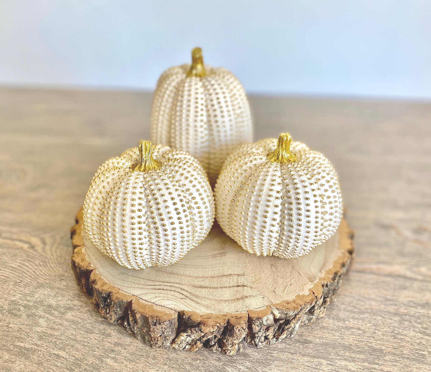 Set of 3 Gold Resin Pumpkins on Rustic Wooden Log Slice - Perfect for Autumn Decor