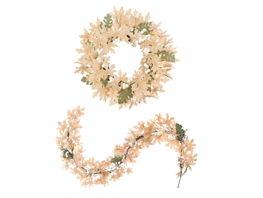 Artificial Beige & Green Wreath & Garland Set