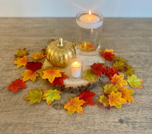 Autumn Pumpkin Table Centrepiece - Gold Pumpkin, Log Slice & Glass Vase with Floating Candles