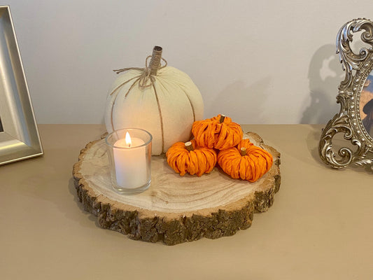 Autumn Pumpkin Table Centrepiece - Round Log Slice, Linen & Rattan Pumpkins, Glass Votive Candle