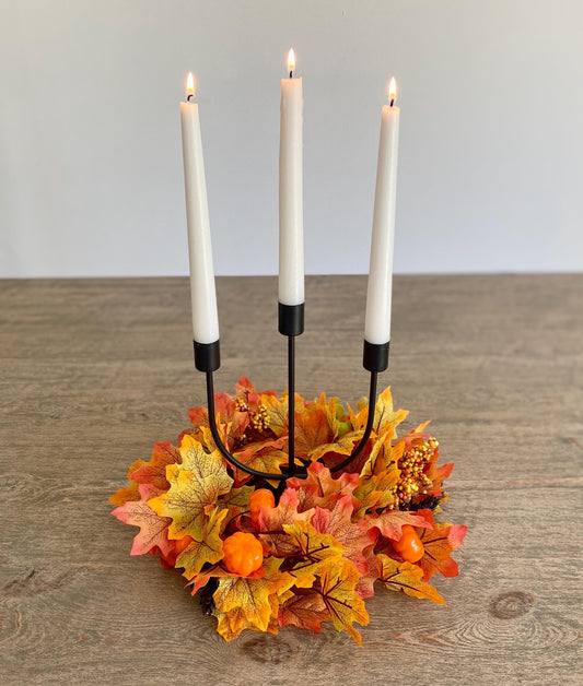 Autumn Pumpkin Table Centrepiece - Autumn Wreath, 3-arm Black Candlestick Holder (CHOICE OF COLOURS)