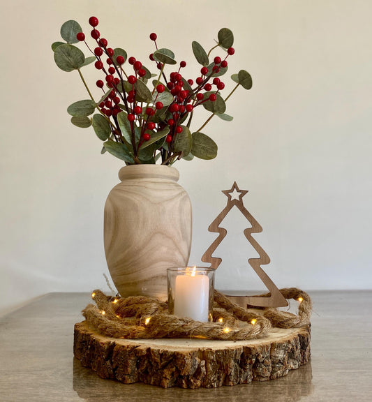 Festive Christmas Table Centrepiece Decor - Red Berries & Eucalyptus Vase with LED Rope Lights, Rustic Tree Decor & Votive Candle