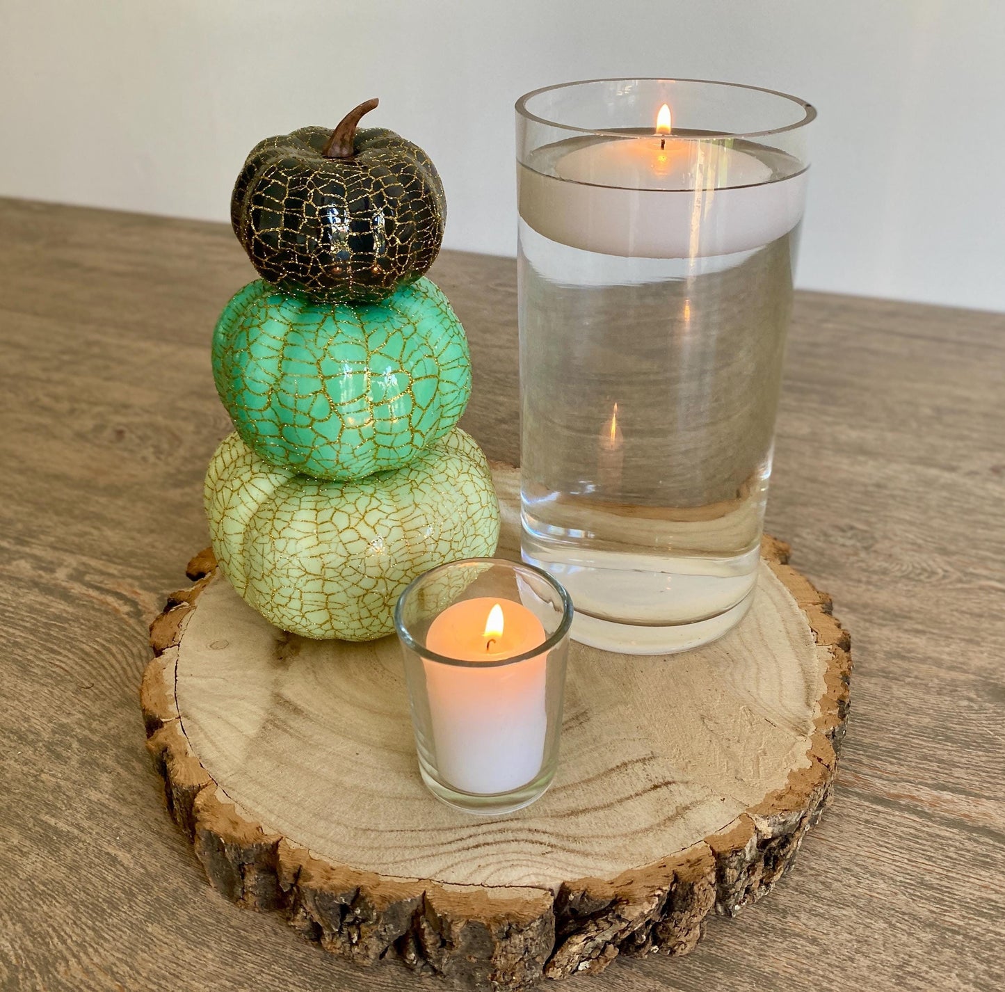 Autumn Pumpkin Table Decor Centrepiece - Wooden Log Slice, Glass Vase, Floating Candle, Votive Candle