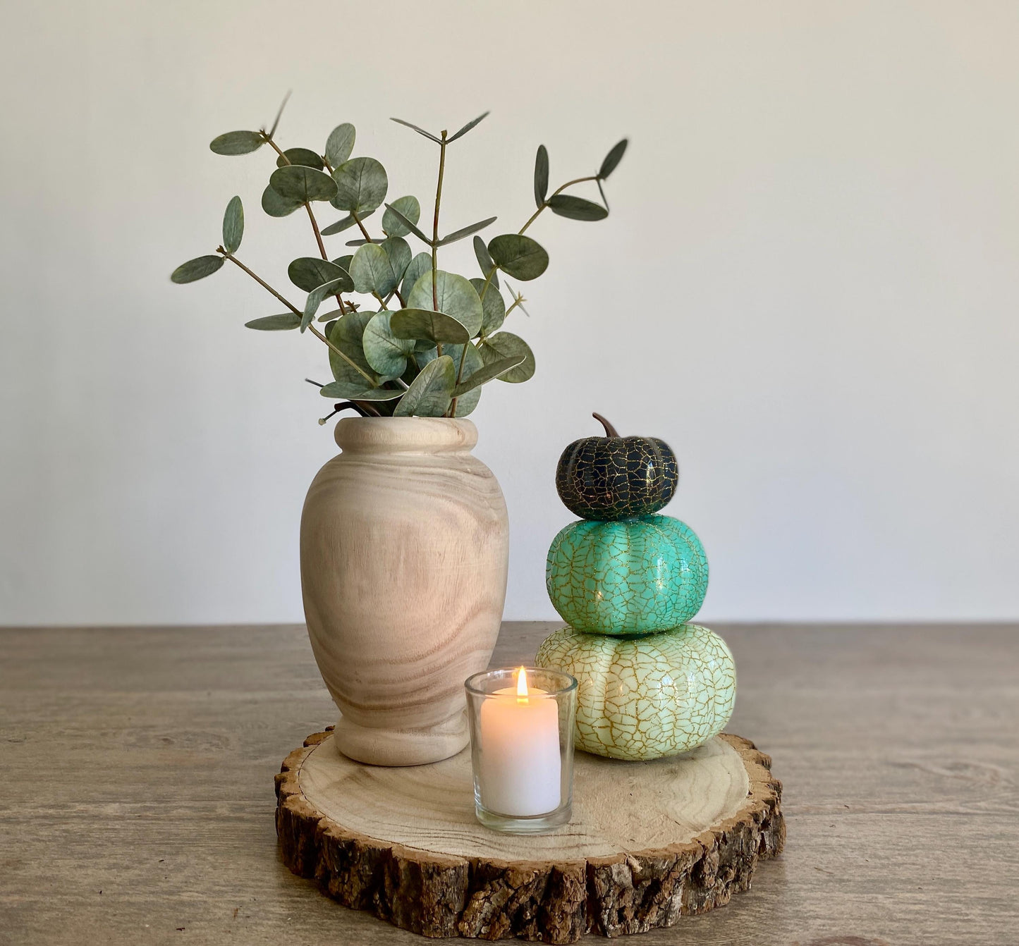 Autumn Pumpkin Table Decor Centrepiece - Wooden Log Slice, Wood Vase, Votive Candle, Artificial Maple Leaf Stems