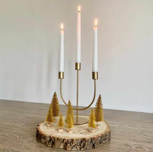 Christmas Candle Table Centrepiece - Includes 3-Arm Gold Candlestick & Candles, Mini Christmas Trees on a Rustic Wooden Log Slice