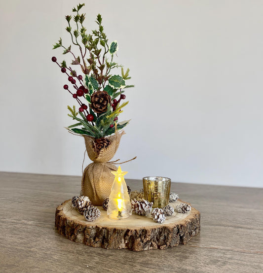 Christmas Berries & Pinecones Table Centrepiece - Rustic Wood Log Slice with Berry Tree, LED Mini Christmas Tree, Gold Votive Holder & Pinecones