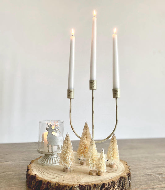 Christmas Candlestick Table Decor - Log Slice, 3-arm Candlestick Holder, Pillar Candle Holder & Mini Xmas Trees