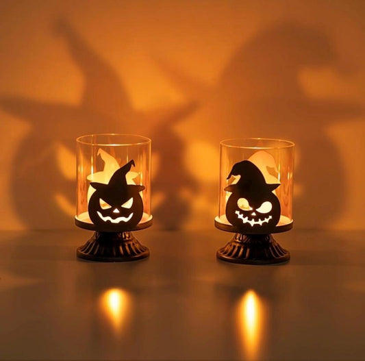 Halloween Pumpkin Black and Glass Pillar Candle Holders - Set of 2