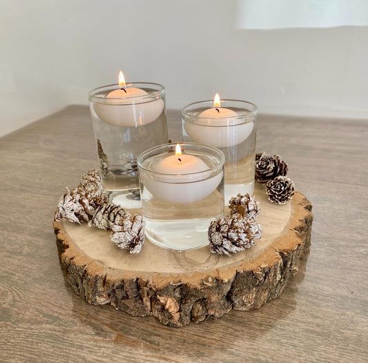 Rustic Hurricane Glass Set with Floating Candles & Log Slice