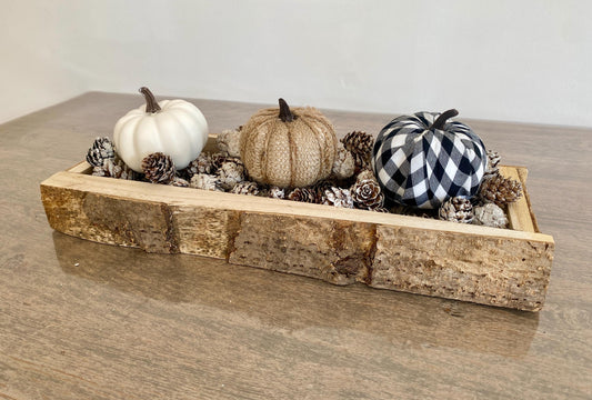 Autumn Pumpkin Coffee Table Decor - Rustic Tray of Pumpkins, Natural Bark Wooden Tray, Pinecones - Perfect for Autumn Decoration