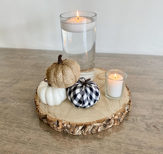 Autumn Pumpkin Table Centrepiece - Rustic Wooden Log Slice, Glass Vase, Floating Candle, Votive Candle