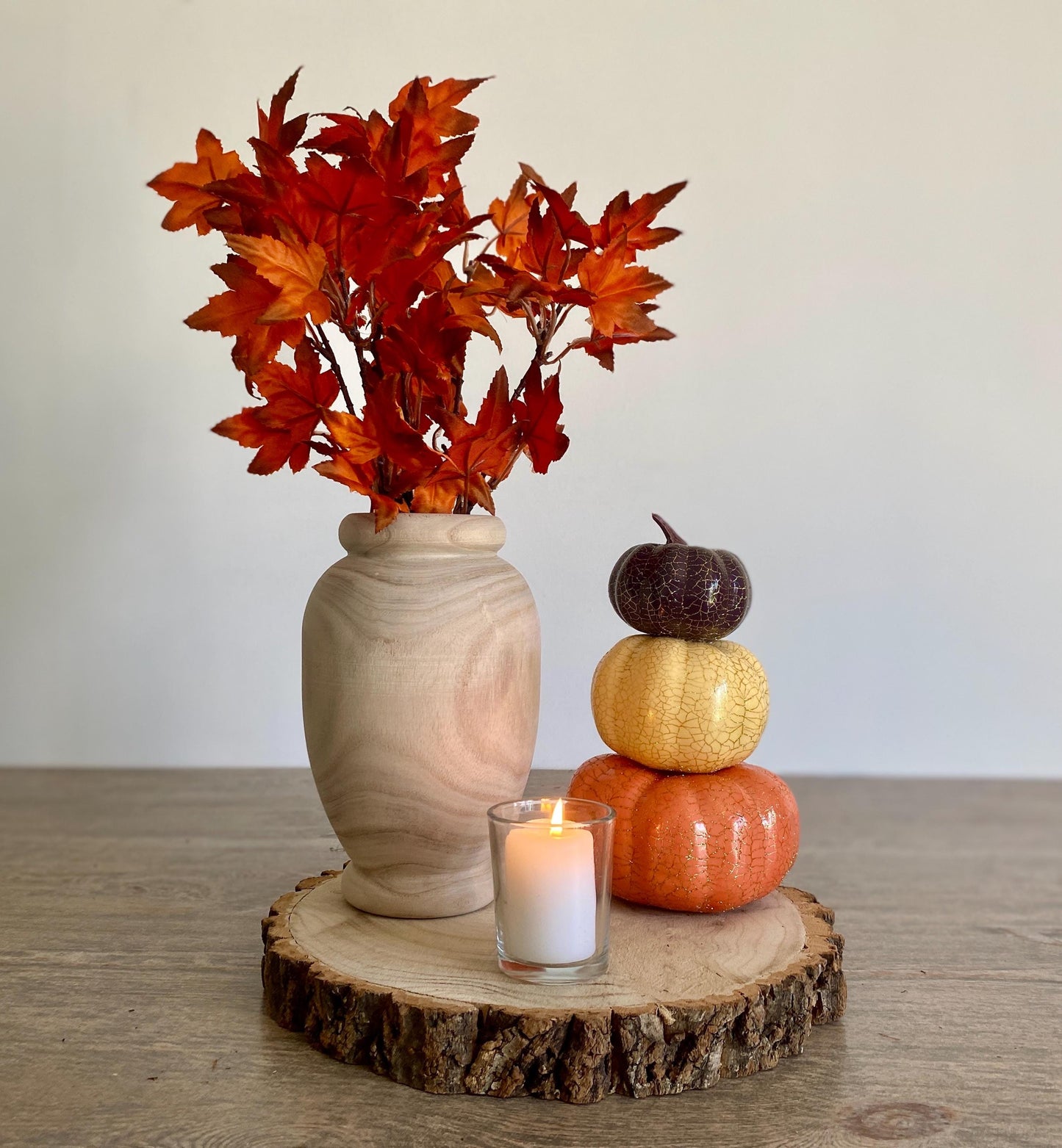 Autumn Pumpkin Table Decor Centrepiece - Wooden Log Slice, Wood Vase, Votive Candle, Artificial Maple Leaf Stems